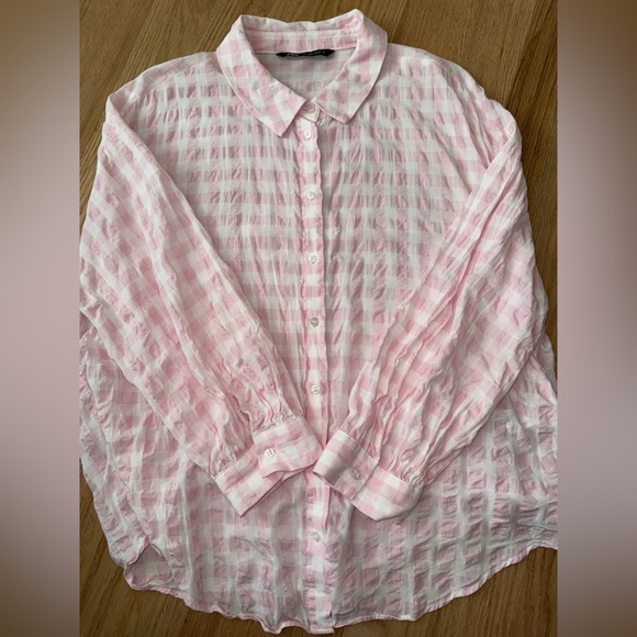 Zara Cotton Blend Gingham Pink White Checkered Button Down Blouse Size Large - Picture 12 of 12